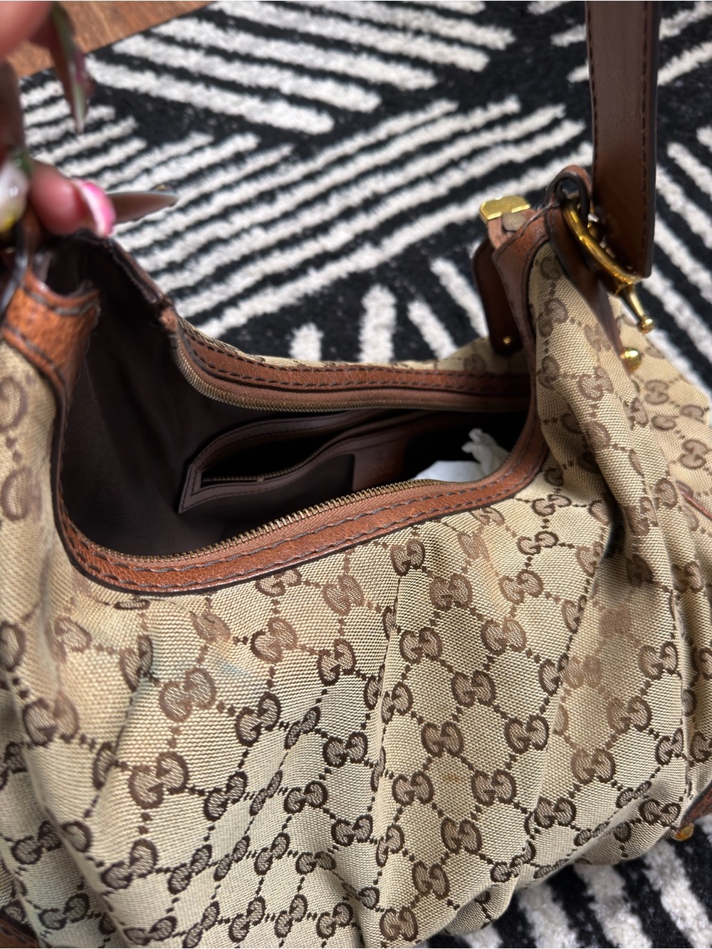 Beige Monogram Shoulder Bag with Brown Leather Trim - Picture 8 of 9